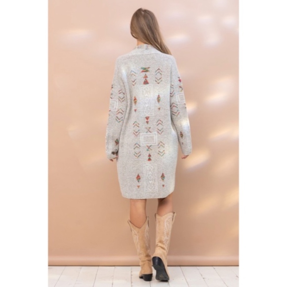 SOLD OUT Gray Colorful Aztec Tribal Western Marled Open Knit Cardigan Long - Picture 9 of 9